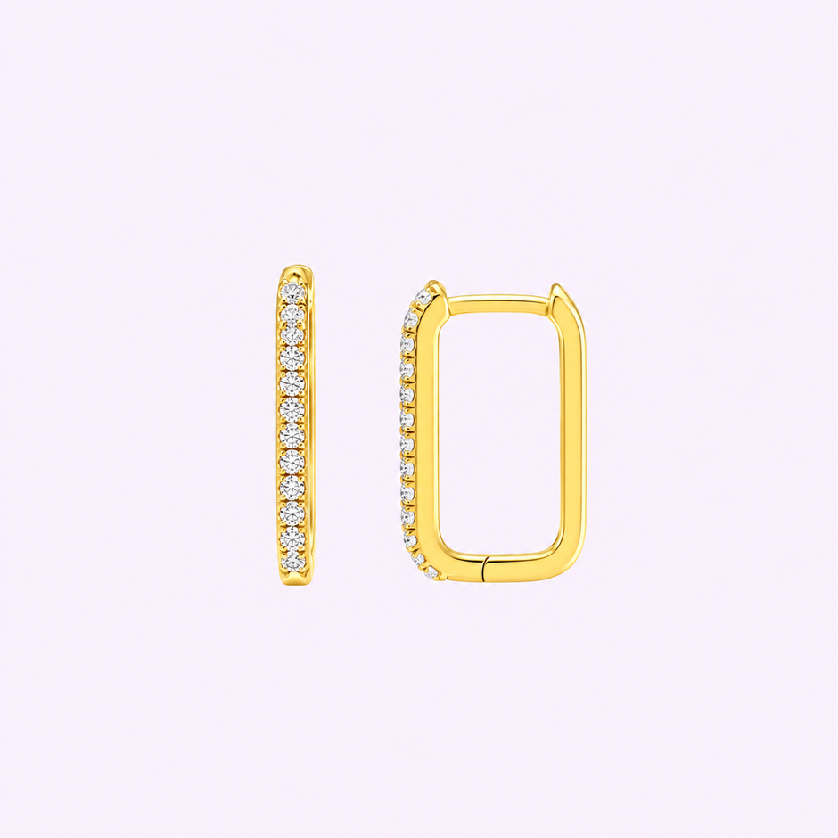 Arracadas Huggies Rectangulares Doble Vista con Zirconias en Oro Turco 10K