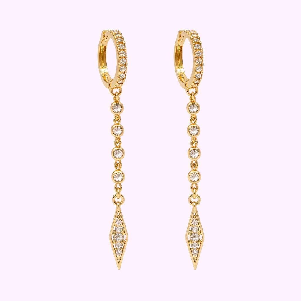 Aretes Huggies Cadena y Rombo de Circonias Oro 10K Turco