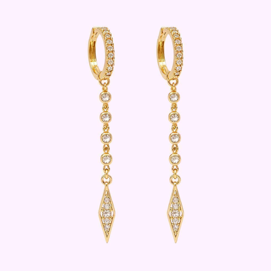Aretes Huggies Cadena y Rombo de Circonias Oro 10K Turco