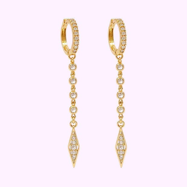 Aretes Huggies Cadena y Rombo de Circonias Oro 10K Turco
