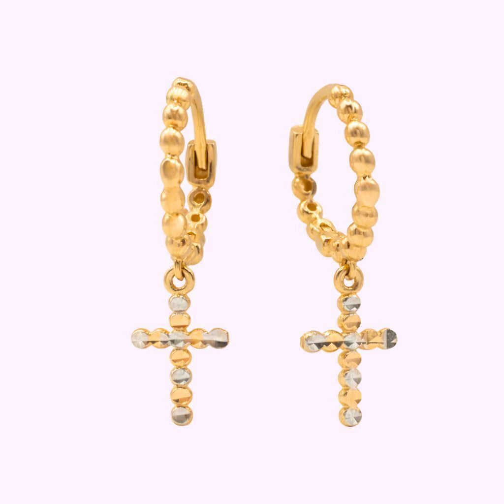 Aretes bolitas con Cruz Diamantada Oro turco 10K